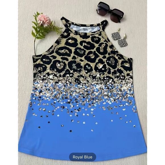 NEW SZ M Woman’s Royal Blue Leopard Print Halter Tank Top - Picture 2 of 5